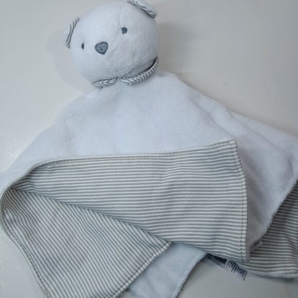 Carters Lovey White Bear Plush Security Baby Blanket Rattle Gray Stripes 2011